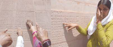  A widow of a martyr of the Sikh Regiment breaks down after seeing the name of her husband on the Vijay Stambh in Drass sector on Thursday.