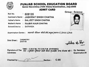 An admit card received by a Bathinda candidate mentioning his exam centre in Ropar