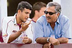 Sourav Ganguly talks to former Pakistan batsman Zaheer Abbas during the match between Northamptonshire and Pakistan in London on Thursday.