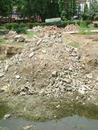 Heaps of concrete waste dumped in a park at Model Town in Jalandhar.