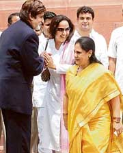 Superstar Amitabh Bachchan, wife Jaya Bachchan (right) and Rajya Sabha BJP MP Hema Malini share a lighter moment outside Parliament in New Delhi
