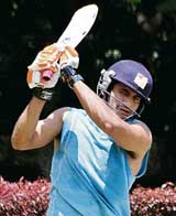 Irfan Pathan plays a shot during a practice session in Bangalore on Monday