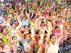 Anganwadi workers up in arms at Jantar Mantar in the Capital on Tuesday.