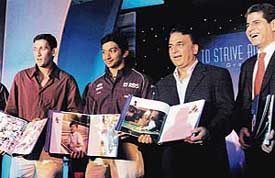 Ajit Agarkar, Narian Kartikeyan, Sunil Gavaskarand Adil Sumariwalla at the release of To strive and to soar, a book that cronicles the Tata groups contribution in empowering tomorrows champions, in Mumbai on Monday