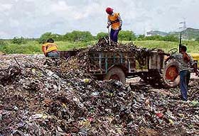 Employees of Panchkula Municipal Council dump garbage and solid waste on HUDA land near Ghaggar in Sector 25, Panchkula