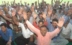Octroi employees from across Punjab stage a dharna in support of their demands in Jalandhar on Wednesday. 