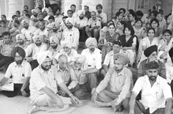 Members of Punjab Government College Teachers Association sitting on a dharna at Government Mohindra College in Patiala