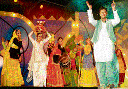 Singer Harbhajan Mann performs during the music release ceremony of a Punjabi film at Kalagram on Saturday.