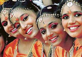 Students of Manav Mangal School, Sector 21, Chandigarh, decked up in their traditional best at the Wiz Kids 2006 competition at Tagore Theatre