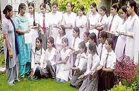 Ms Darshan Kaur and Ms Rachhpal Kaur Sandhu observe mehndi patterns at Sanatan Vidya Mandir Senior Secondary School at Ahmedgarh on Monday.