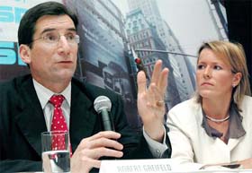 Nasdaq President and Chief Executive Officer Robert Greifeld (left) and Chief Officer Charlotte Crosswell address a press conference in Mumbai