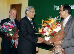 Petroleum Ministry Secretary M.S. Srinivasan (right) greets his Pakistani counterpart, Mr Ahmed Waqar as Iranian Deputy Oil Minister M.H.N. Hosseman looks on before the third tripartite meeting on the Iran-Pakistan-India gas pipeline project in New Delhi on Thursday.