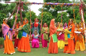 Students of Guru Nanak Khalsa College for Women celebrate Teej in Ludhiana on Saturday