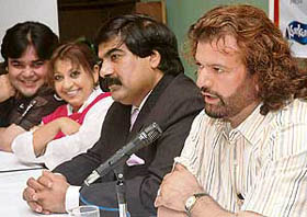Punjabi singer Hans Raj Hans addresses mediapersons in Chandigarh on Sunday. Also seen in the picture are (from right) Mahinder Bathla, Anamika and Sachin Ahuja.
