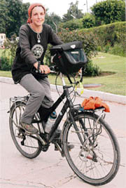 Beatrice Maine rides her German Giant bicycle in Chandigarh.