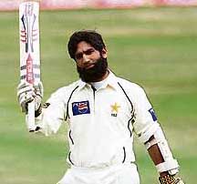 Pakistans Mohammad Yousuf celebrates on completing his century on the third day of the third Test against England at Leeds on Sunday. 