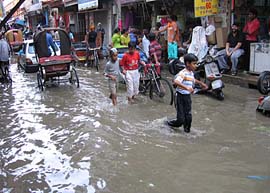 The flooded Gaushala Road after Mondays incessant rain in Phagwara.