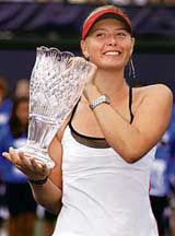 Russias Maria Sharapova holds the trophy after defeating Kim Clijsters of Belgium in the final of the Acura Classic tennis tournament in Carlsbad, California, on Sunday. Sharapova won 7-5, 7-5.