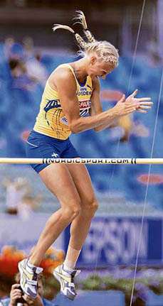 Swedens Carolina Kluft celebrates after clearing the bar in the high jump during the womens heptathlon at the European athletics championships in Gothenburg, Sweden, on Monday. 