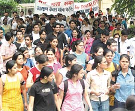 Activists of Youth For Equality during a march to protest against reservations in educational institutions in the Capital on Tuesday.