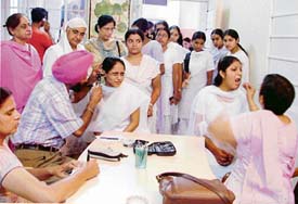Doctors examine students of MTS College, Ludhiana, on Saturday
