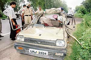 The car that was involved in an accident, in which one person was killed, in Ambala on Wednesday.