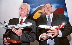 Jet Airways CEO Wolfgang Prock-Schauer (left) and Qantas Airlines General Manager, south-east Asia, Mr Stephen Limbrick, at the launch of Jet Airways' direct flight from Delhi