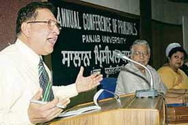 Prof R.C. Sobti, Vice-Chancellor, Panjab University, addresses Principals of government colleges at Panjab University, Chandigarh, on Thursday