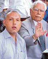 Natwar Singh and his son Jagat Singh at a press conference at his residence in New Delhi on Friday