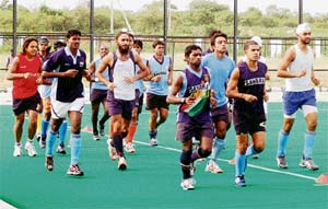 Indian probables for the hockey World Cup warm up during a training-cum-practice camp at the GMC Balayogi Stadium in Hyderabad.