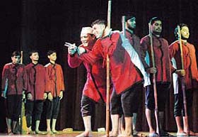 Theatre artistes stage a play Mahabhoj, during a festival by Natrang Jammu at Tagore Theatre, Chandigarh