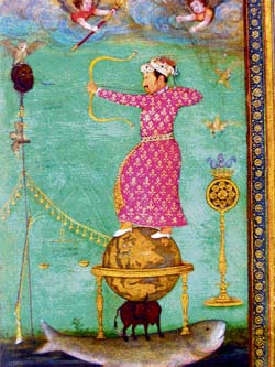 The emperor Jahangir shooting an arrow through the head of Malik Ambar. A 19th century version of the painting by Abul Hasan, dated 1616; Mughal