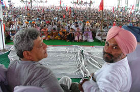 CPM Politburo member Sitaram Yechuri and state leader Sukhminder Singh Sekhon at a party rally in Ludhiana on Sunday