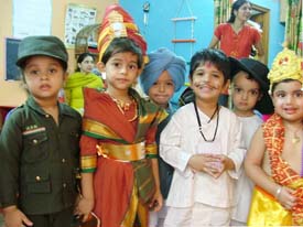 Kids dress up for a fancy competition held in Kidzee Rainbow school on the theme of Independence Day and Janamashtami in Ludhiana on Sunday