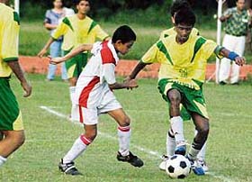 The final football match of the Annual Edmund Rice Sports meet between St Johns High School, Sector 26, Chandigarh, and St Columbas, New Delhi, in progress at the St Johns ground, Chandigarh