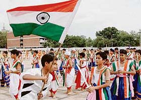 Children from Ryan International School take part in a dance competition to mark Independence Day at the Parade Ground in Sector 17, Chandigarh
