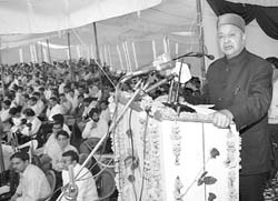 Chief Minister Virbhadra Singh addresses the Independence Day function at Karsog in Mandi district on Tuesday. 
