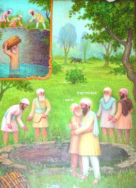 A painting depicts Bhai Manjh, follower of Guru Arjan Dev, who tumbled into a well but saved the wood that he was carrying for Guru ka langar
