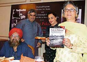 Ms Asma Jahangir, famous human rights activist of Pakistan, along with Ms Charanjit Kaur and Mr Parmod Kapoor, Publisher, Roli Books, relaunch the book Train to Pakistan of Khushwant Singh on the occasion of the 50th anniversary of the book at a function in New Delhi