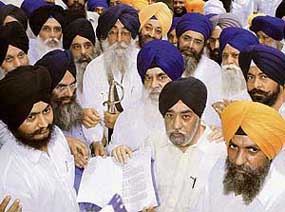 Members of various Panthic organisations led by Mr Manjit Singh Calcutta gather at Akal Takht to submit a memorandum to the Takht Jathedar in Amritsar on Wednesday.