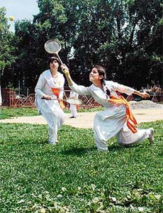 Kashmiri college girls in action during the ball badminton championship in Srinagar