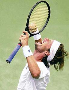 Spains Juan Carlos Ferrero exults after defeating compatriot Rafael Nadal in the pre-quarterfinal of the Cincinnati Masters in Mason, Ohio