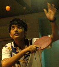 Puneet Kumar of DPS, Sector 40, in action in Manav Mangal Open Table Tennis Tournament held in Sector 23, Chandigarh, on Sunday.