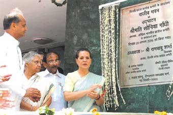 Congress president Sonia Gandhi along with Delhi Congress president Ram Babu Sharma, Chief Minister Sheila Dikshit and Congress general secretary Ashok Gahlot inaugurating Rajiv Bhavan, the new office of the DPCC, on the occasion of the 62nd birth anniversary of Rajiv Gandhi, in the Capital.