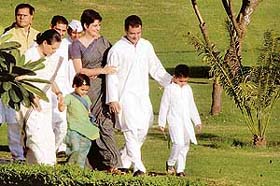 Congress President Sonia Gandhi along with her son and party MP Rahul Gandhi, daughter Priyanka Vadera, son-in-law Robert Vadera and grandson and granddaughter arrive at Virbhumi, the samadhi of former Prime Minister Rajiv Gandhi, to pay tribute on the occasion of Rajiv Gandhis birth anniversary in New Delhi