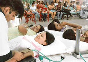 Students of MCM DAV College, Sector 36, donate blood on the first day of the two-day camp organised by the NSS unit and Rotract Club of the college in Chandigarh on Monday.