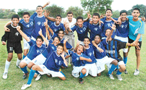 St Stephens players in a jubilant mood after clinching the title of the Chandigarh Sub-Junior (boys) Under-16 Football Championship held in Chandigarh on Monday. 