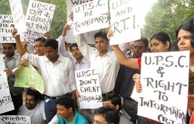 Civil service aspirants demonstrating outside the Union Public Service Commission, seeking re-evaluation of the papers under the Right to Information Act, in the Capital on Monday.