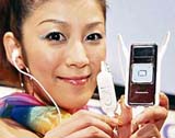 A model displays Japanese electronics giant Matsushita Electric Industrial's new digital audio player, "D-snap SV-SD800N"