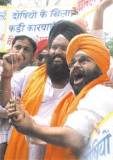 Sikh leaders in the Capital demonstrating against the alleged haircut of a student of their community in Jaipur.